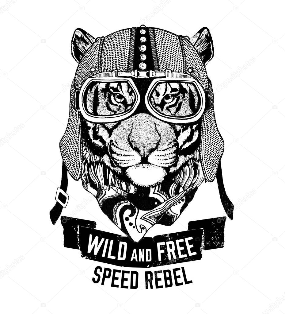Wild tiger Wild cat Be wild and free T-shirt emblem, template Biker, motorcycle design Hand drawn illustration