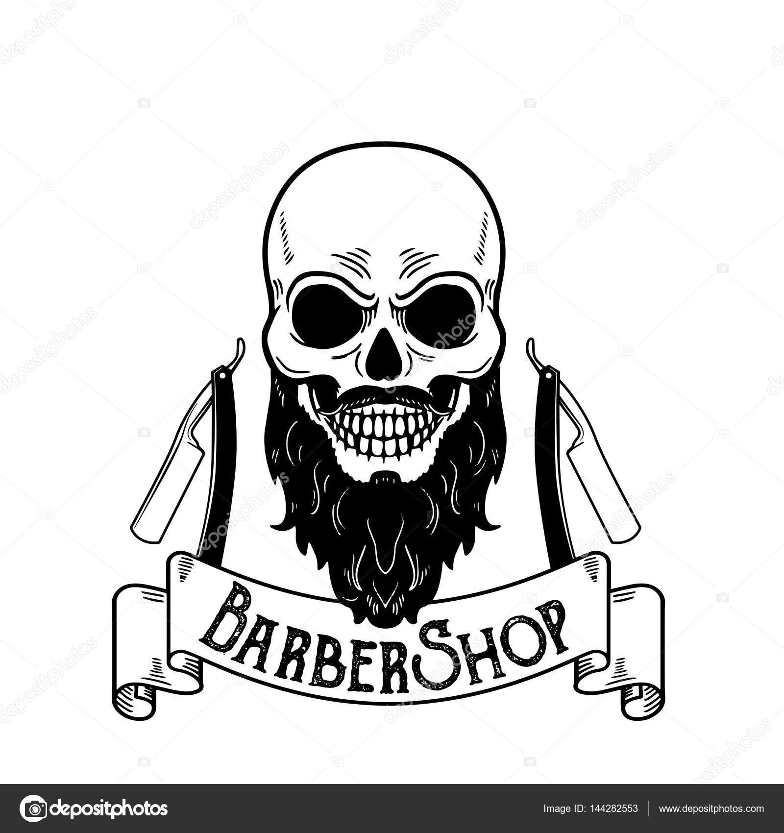 Barbershop emblem, barbershop logo or badge for barber shop signboard,  posters Skull with blades and hipster beard and haircut Stock Photo by  ©Helen_F 144282553