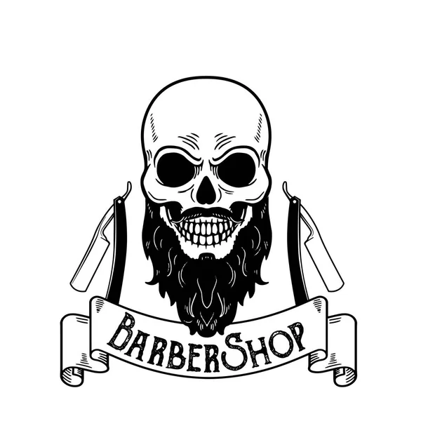 Barbershop emblem, barbershop logo or badge for barber shop signboard, posters Skull with blades and hipster beard and haircut