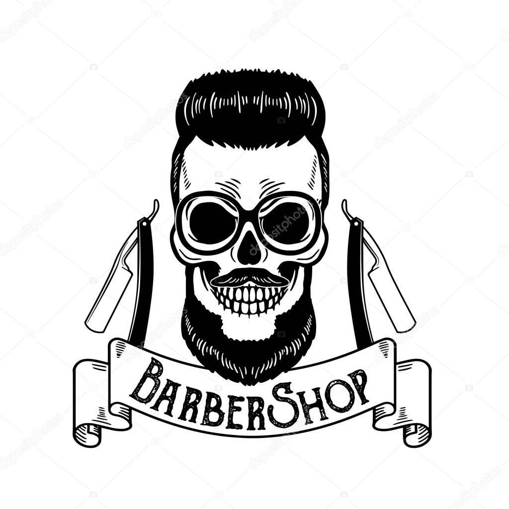 Barbershop emblem, barbershop logo or badge for barber shop signboard, posters Skull with blades and hipster beard and haircut