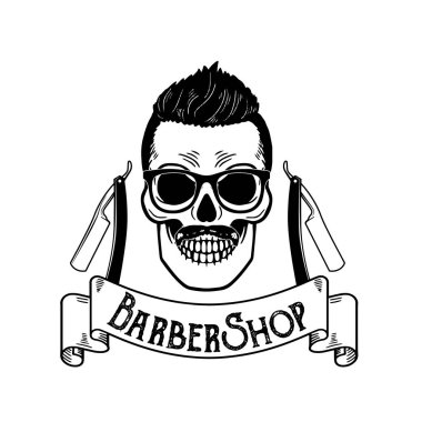 Vektör berber dükkanı amblemi, berber logo veya kuaför dükkanı tabela, posterler kafatası bıçaklar ve yenilikçi sakal ve saç kesimi için rozet