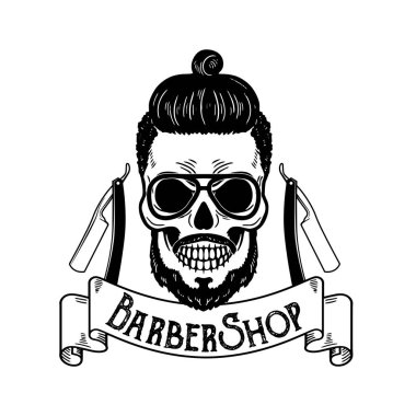 Vektör berber dükkanı amblemi, berber logo veya kuaför dükkanı tabela, posterler kafatası bıçaklar ve yenilikçi sakal ve saç kesimi için rozet
