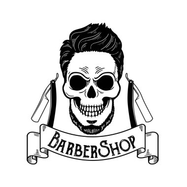 Vektör berber dükkanı amblemi, berber logo veya kuaför dükkanı tabela, posterler kafatası bıçaklar ve yenilikçi sakal ve saç kesimi için rozet