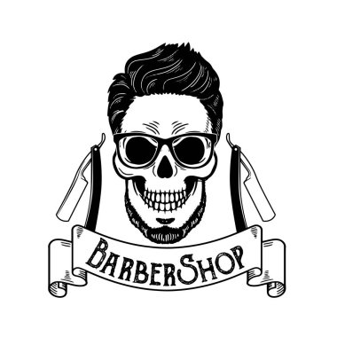 Vektör berber dükkanı amblemi, berber logo veya kuaför dükkanı tabela, posterler kafatası bıçaklar ve yenilikçi sakal ve saç kesimi için rozet