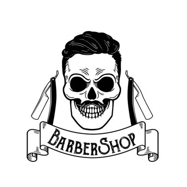 Vektör berber dükkanı amblemi, berber logo veya kuaför dükkanı tabela, posterler kafatası bıçaklar ve yenilikçi sakal ve saç kesimi için rozet