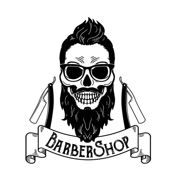 Vector Barbershop emblema, logotipo de barbería o insignia para letrero de barbería, carteles Cráneo con cuchillas y barba hipster y corte de pelo — Vector de stock