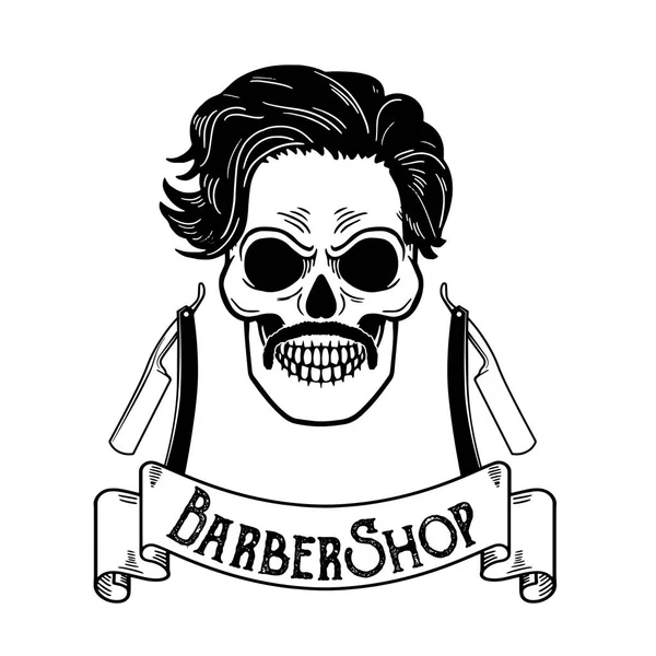Emblema de barbearia vetorial, logotipo da barbearia ou crachá para tabuleiro de barbearia, cartazes Crânio com lâminas e barba hipster e corte de cabelo —  Vetores de Stock