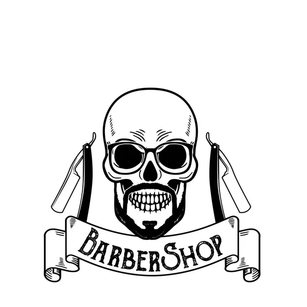 Vector Barbershop Emblem, Barbershop Logo oder Abzeichen für Friseursalon Schild, Poster Totenkopf mit Klingen und Hipster Bart und Haarschnitt — Stockvektor