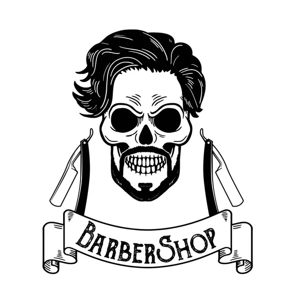 Vector Barbershop emblema, logotipo de barbería o insignia para letrero de barbería, carteles Cráneo con cuchillas y barba hipster y corte de pelo — Archivo Imágenes Vectoriales