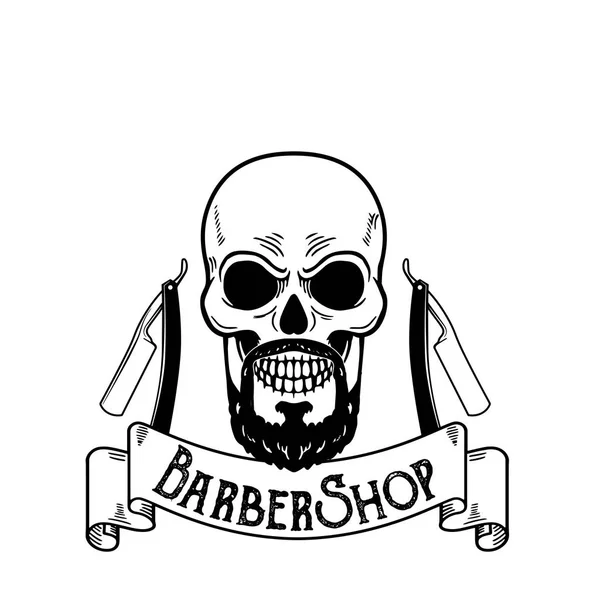 Emblema del barbiere vettoriale, logo del barbiere o distintivo per cartello del barbiere, manifesti Teschio con lame e barba di hipster e taglio di capelli — Vettoriale Stock
