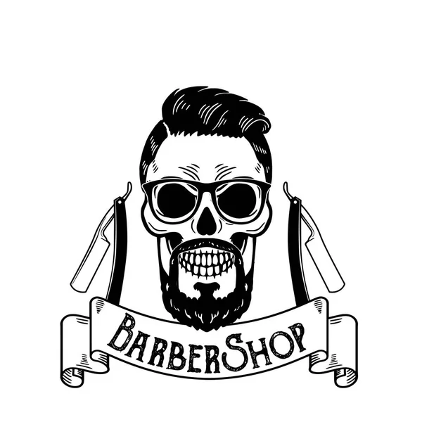 Vector Barbershop emblema, logotipo de barbería o insignia para letrero de barbería, carteles Cráneo con cuchillas y barba hipster y corte de pelo — Archivo Imágenes Vectoriales