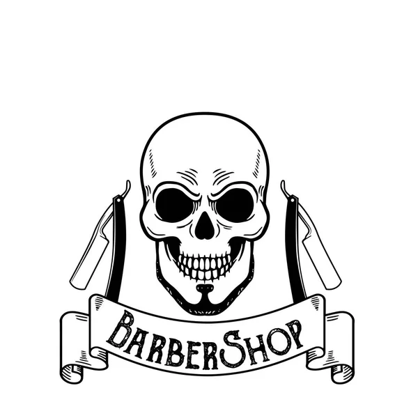 Vector Barbershop emblem, barbershop logotyp eller märke för Frisör shop skylt, affischer skalle med blad och hipster skägg och frisyr — Stock vektor