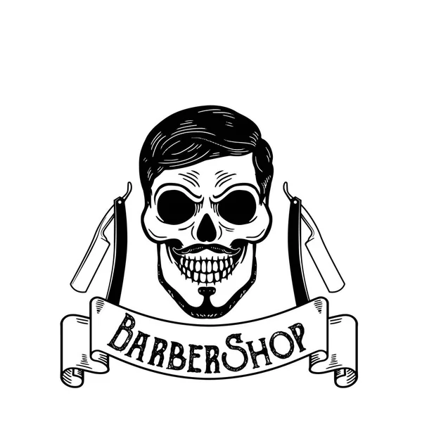 Vecteur emblème de salon de coiffure, logo de salon de coiffure ou insigne pour enseigne de salon de coiffure, affiches Crâne avec lames et barbe hipster et coupe de cheveux — Image vectorielle