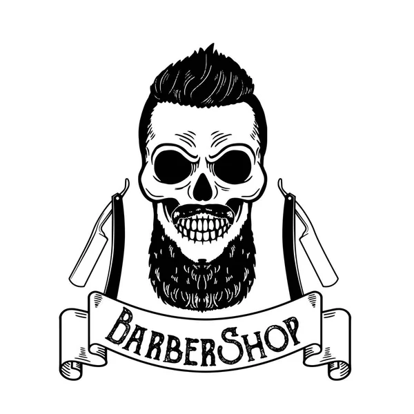 Vecteur emblème de salon de coiffure, logo de salon de coiffure ou insigne pour enseigne de salon de coiffure, affiches Crâne avec lames et barbe hipster et coupe de cheveux — Image vectorielle