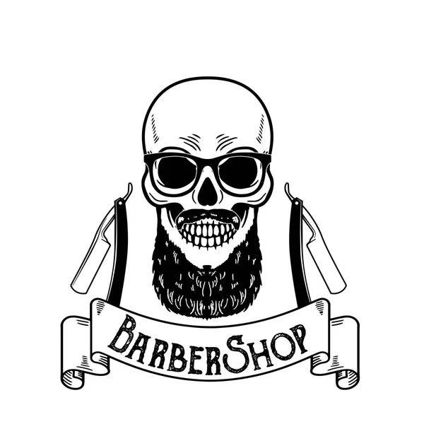 Emblema de barbearia vetorial, logotipo da barbearia ou crachá para tabuleiro de barbearia, cartazes Crânio com lâminas e barba hipster e corte de cabelo —  Vetores de Stock