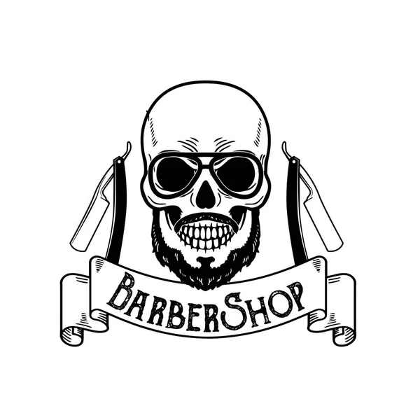 Emblemat wektor fryzjera, barbershop logo lub Odznaka dla barber shop szyld, plakaty czaszki z ostrza i hipster brodę i fryzura — Wektor stockowy