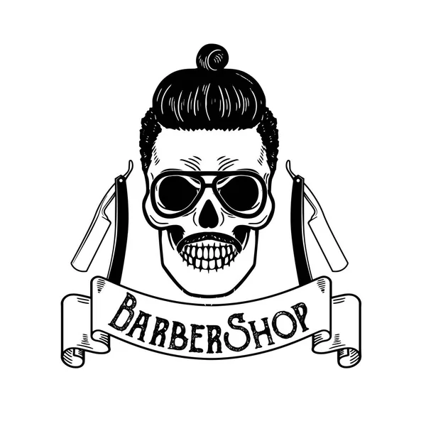 ベクトルエンブレム理髪店、理髪店のロゴまたは理髪店看板、ポスター頭蓋骨ブレードと流行に敏感なひげと散髪のバッジ — ストックベクタ