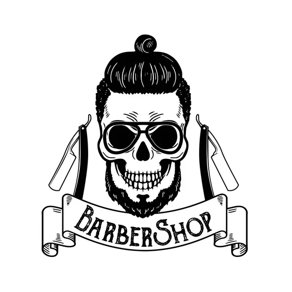 Embleem van vector Barbershop, barbershop logo of badge voor kapper winkel uithangbord, posters schedel met messen en hipster baard en kapsel — Stockvector