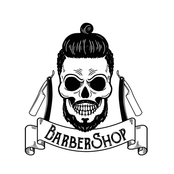 Vector Barbershop emblema, logotipo de barbería o insignia para letrero de barbería, carteles Cráneo con cuchillas y barba hipster y corte de pelo — Archivo Imágenes Vectoriales