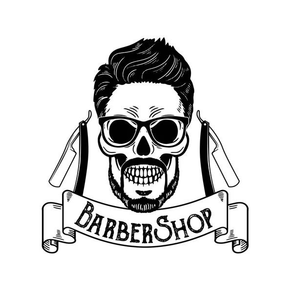 Vector Barbershop emblema, logotipo de barbería o insignia para letrero de barbería, carteles Cráneo con cuchillas y barba hipster y corte de pelo — Archivo Imágenes Vectoriales