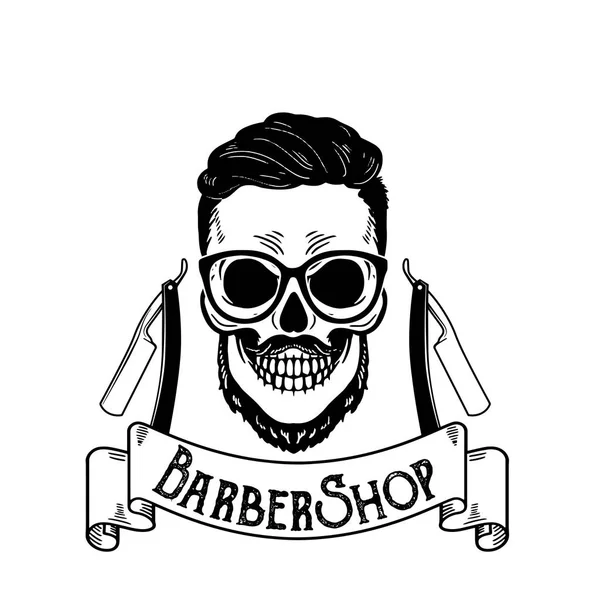 Vector Barbershop emblema, logotipo de barbería o insignia para letrero de barbería, carteles Cráneo con cuchillas y barba hipster y corte de pelo — Vector de stock