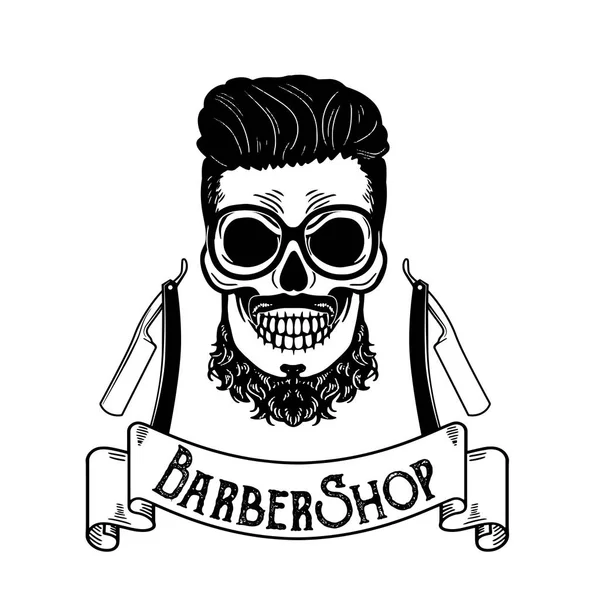 Emblema de barbearia vetorial, logotipo da barbearia ou crachá para tabuleiro de barbearia, cartazes Crânio com lâminas e barba hipster e corte de cabelo —  Vetores de Stock