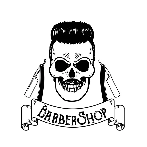 Векторная эмблема парикмахерской, логотип парикмахерской или значок для вывески парикмахерской, плакаты Череп с лезвиями и хипстерская борода и стрижка — стоковый вектор