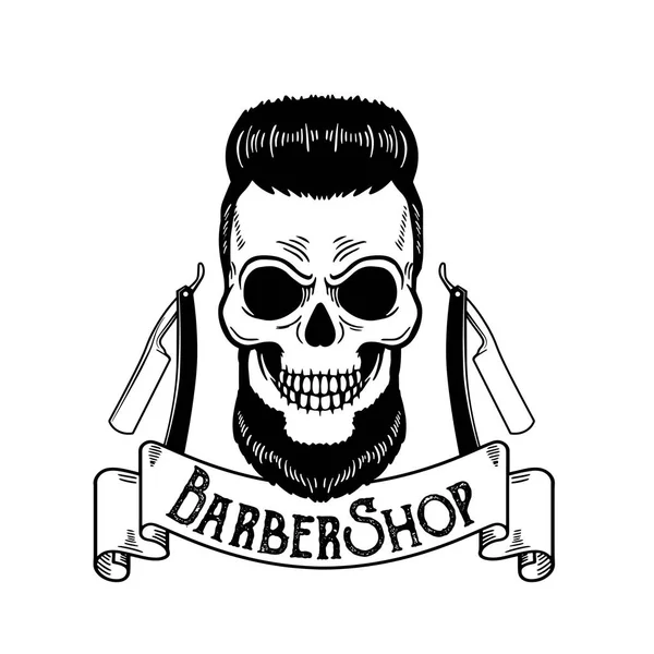 Vector Barbershop emblem, barbershop logotyp eller märke för Frisör shop skylt, affischer skalle med blad och hipster skägg och frisyr — Stock vektor