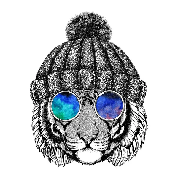 Wild tiger wearing hippie glasses and knitted hat Hipster animal Picture for tattoo, logo, emblem, badge design — Stock Photo, Image