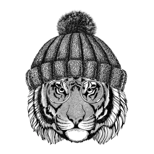 Дикий тигр в винтажных очках и вязаной шляпе Хипстерское животное Фото для татуировки, логотипа, эмблемы, дизайна бейджа — стоковое фото