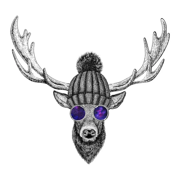 Cool fashionable deer Hipster animal Vintage style illustration for tattoo, logo, emblem, badge design — Stock Photo, Image