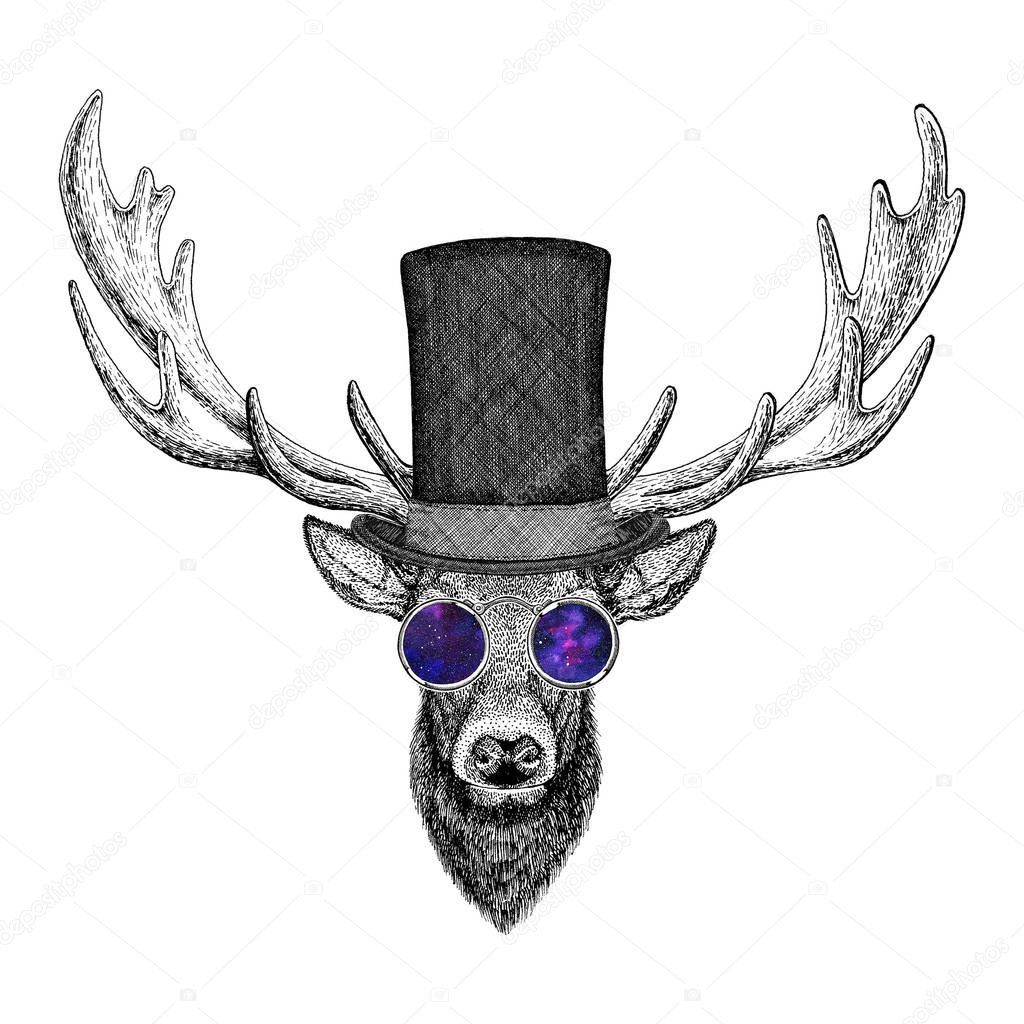 Cool fashionable deer Vintage style picture for tattoo, logo, emblem, badge design