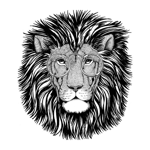Wild hipster lion Image for tattoo, logo, emblem, badge design