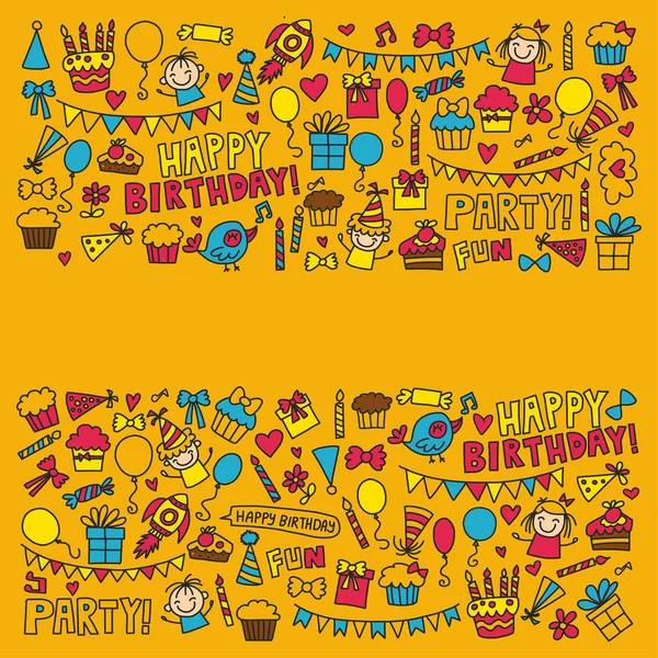 Parti çocuklar doğum günü simgeler ile çocuk, şeker, balon, erkek, kız doodle tarzı illüstrasyon vektör çocuklar — Stok Vektör