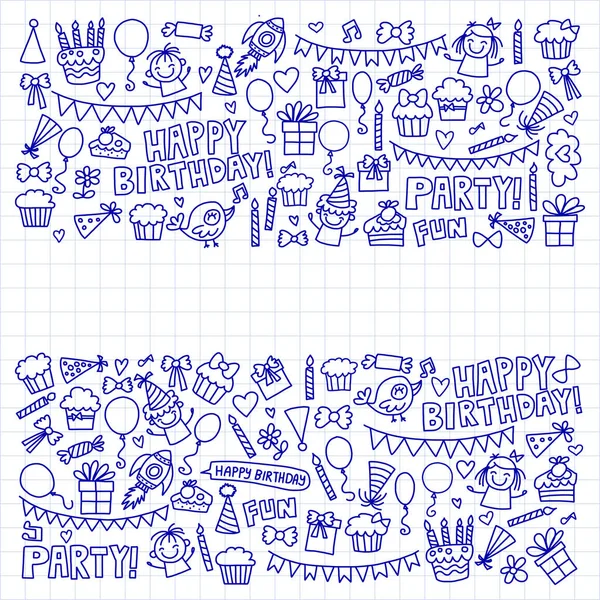 Vector kids party Notepad paper Ícones de aniversário de crianças em estilo doodle Ilustração com crianças, doces, balão, meninos, meninas — Vetor de Stock