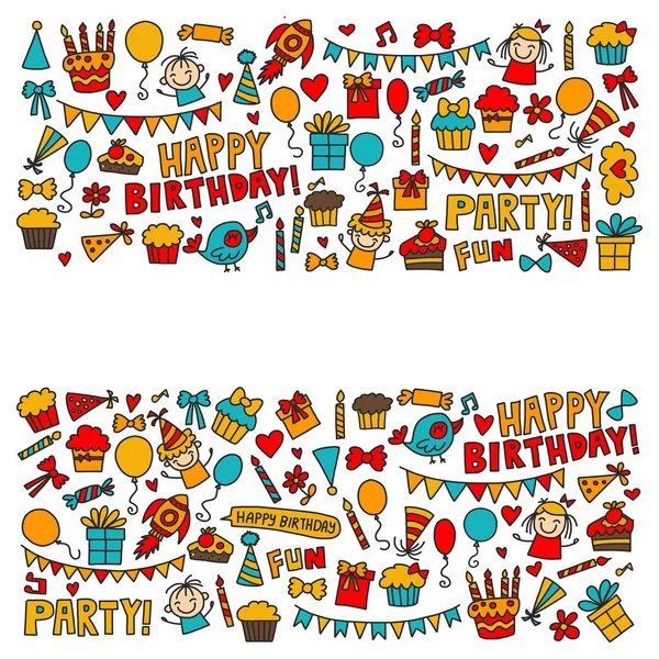 Vector kids party kinderen verjaardag iconen in doodle stijl illustratie met kinderen, snoep, ballon, jongens, meisjes — Stockvector