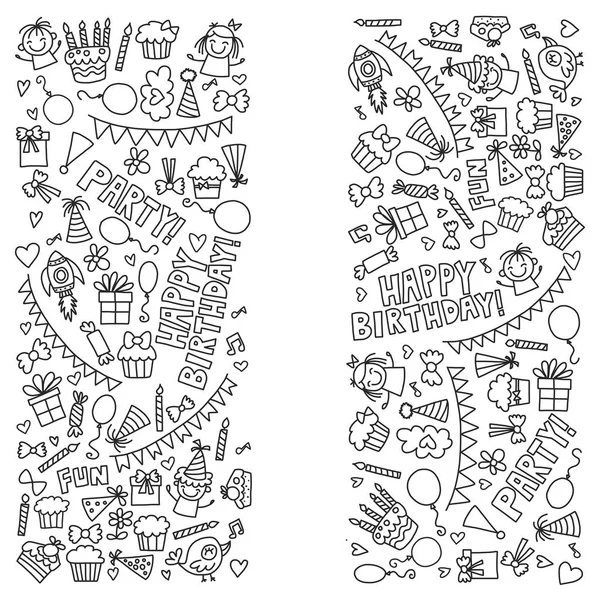 Vector kinderen partij kleurplaat pagina kinderen verjaardag pictogrammen in doodle stijl illustratie met kinderen, snoep, ballon, jongens, meisjes — Stockvector