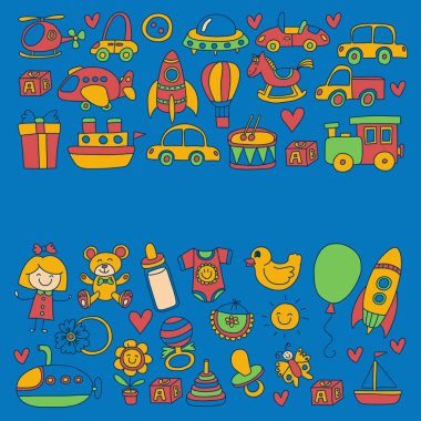 Oyuncak Dükkanı, mağazası, anaokulu, kreş elle çizilmiş vektör çizim vektör doodle kümesiyle