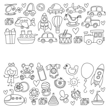Oyuncak Dükkanı, mağazası, anaokulu, kreş elle çizilmiş vektör çizim vektör doodle kümesiyle