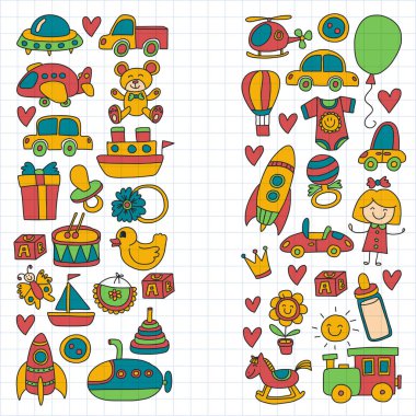 Oyuncak Dükkanı, mağazası, anaokulu, kreş elle çizilmiş vektör çizim vektör doodle kümesiyle