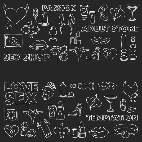 Patroon met speelgoed voor volwassenen Sexshop, erotische shop, volwassen winkel — Stockvector