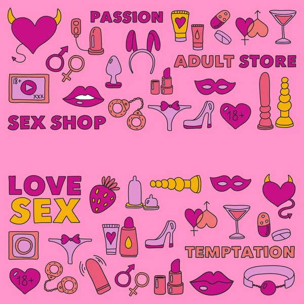 Μοτίβο με τα παιχνίδια για ενήλικες Sex shop, κατάστημα ενηλίκων, ενηλίκων κατάστημα — Διανυσματικό Αρχείο