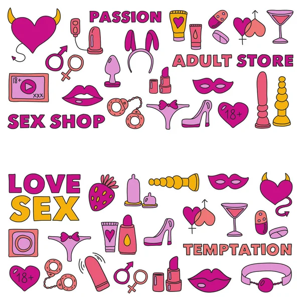 Modèle avec jouets pour adultes Sex shop, boutique pour adultes, magasin pour adultes — Image vectorielle