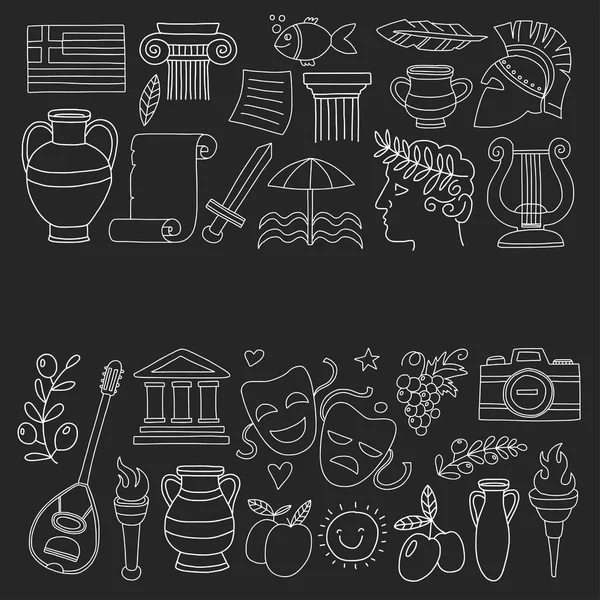 Antika Grekland Vector-element i doodle stil resor, historia, musik, mat, vin — Stock vektor