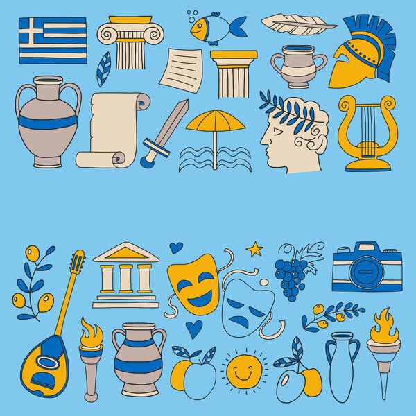 Ancient Greece Vector elements in doodle style Travel, history, music, food, wine
