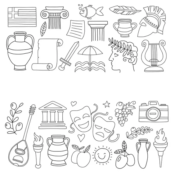 Векторные элементы Древней Греции в стиле каракулей для страниц раскраски Путешествие, история, музыка, еда, вино — стоковый вектор