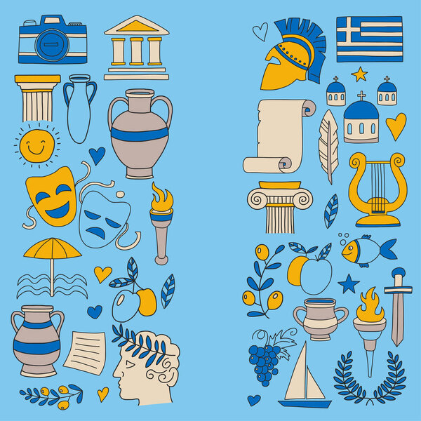 Ancient Greece Vector elements in doodle style Travel, history, music, food, wine