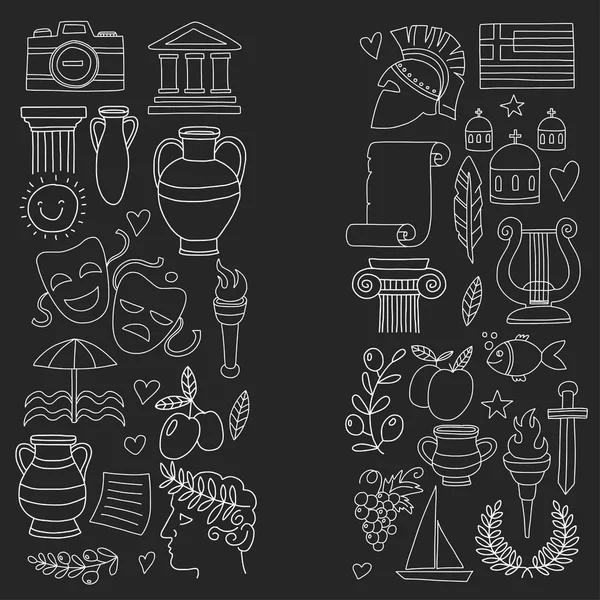 Αρχαία Ελλάδα διανυσματικά στοιχεία doodle στυλ ταξίδια, ιστορία, μουσική, φαγητό, κρασί — Διανυσματικό Αρχείο