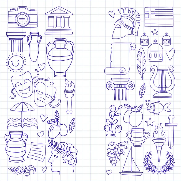 Ancient Greece Vector elements in doodle style Travel, history, music, food, wine — Stock Vector