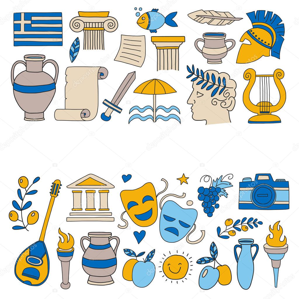 Ancient Greece Vector elements in doodle style Travel, history, music, food, wine